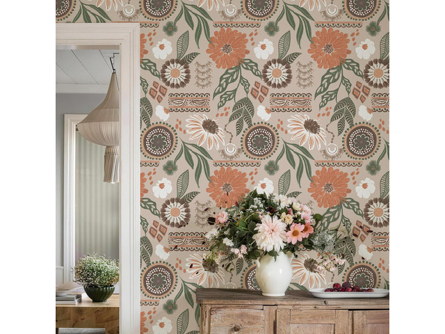 Boho Sun Floral Retro Peel and Stick Wallpaper 17.3' x 800' Removable Waterproof Self Adhesive Contact Paper, Renter Friendly for Cabinets,...