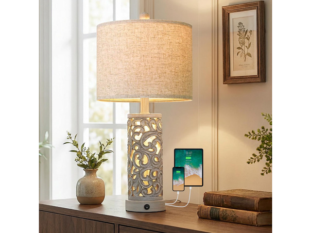 22'' Farmhouse Table Lamp for Living Room, Bedside Lamp with 2 USB Ports for Bedroom, Rustic Nightstand Lamp with Linen Lampshade for Office...
