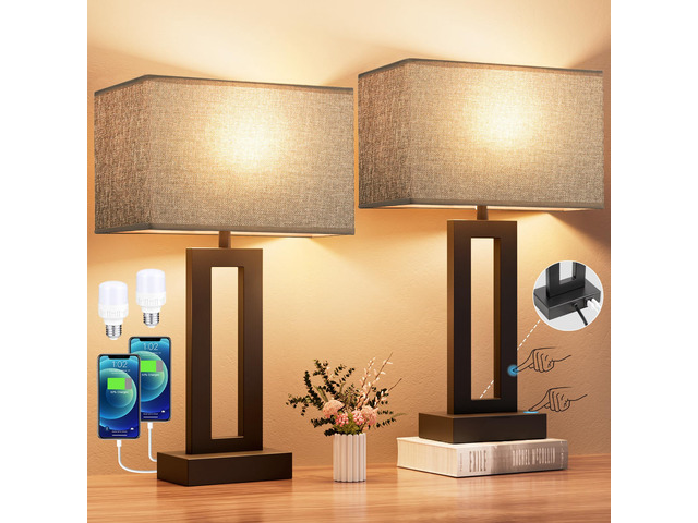 Nightstand Table Lamps for Bedrooms Set of 2 - Touch Bedside Lamp with USB C+A, 3 Way Dimmable Living Room End Tables 2, Modern Night Stand Bed...