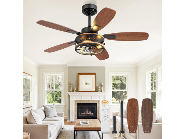 Farmhouse 42 Inch Ceiling Fan with Light and Remote, Black Industrial Caged Flush Mount Ceiling Fans with 6 Speed Reversible Motor and Dual Finish...
