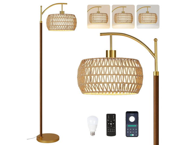 Boho Floor Lamp for Living Room,Bedroom,Rattan Standing Lamp with Remote Dimmable,Wood Vintage Mid Century Modern Gold Tall Lamp Wicker Lamp Shade...