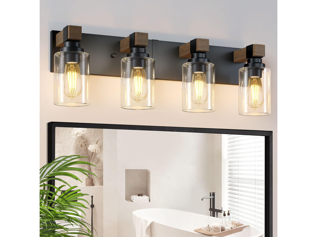 Farmhouse 4-Light Bathroom Vanity Light Fixtures, Black and Wood 27.5 Rustic Matte Black Metal Frame, Clear Glass Shades, Vintage Wall Sconces...