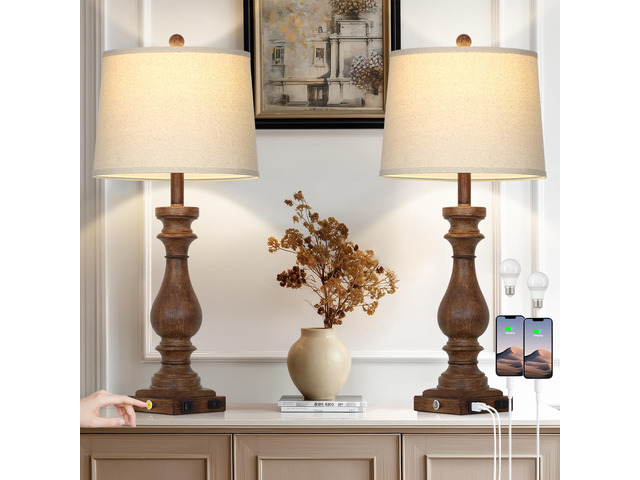 29' Tall Farmhouse Table Lamp for Living Room Set of 2,Vintage Retro Nightstand Lamps with USB C+A Ports & AC Outlet,3-Way Dimmable Touch Bedside...