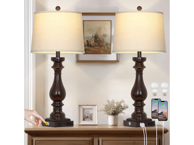29' Tall Farmhouse Table Lamp for Living Room Set of 2,Vintage Retro Nightstand Lamps with USB C+A Ports & AC Outlet,3-Way Dimmable Touch Bedside...
