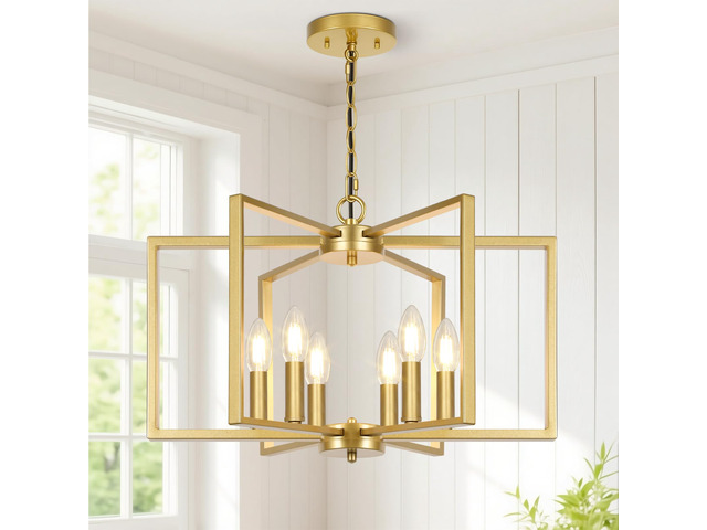 6 Light Gold Chandelier, Modern Farmhouse Metal Dining Room Light Fixture Industrial Geometric Ceiling Light with E12 Base, Rustic Hanging Pendant...