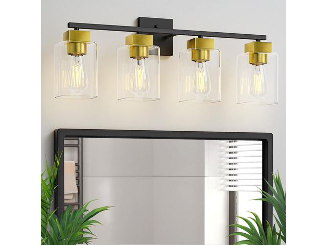 4 Light Bathroom Vanity Light - Black and Brushed Gold Bathroom Light Fixtures UL Certification, Square Light Fixture Over Mirror, Farmhouse Light...