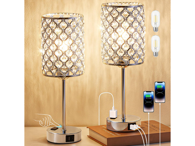 Sliver Crystal Table Lamps for Bedroom Set of 2, Nightstand Touch Lamp Touch Control Lamp with USB C+A Ports & AC Outlet, 3-Way Dimmable Bedside...