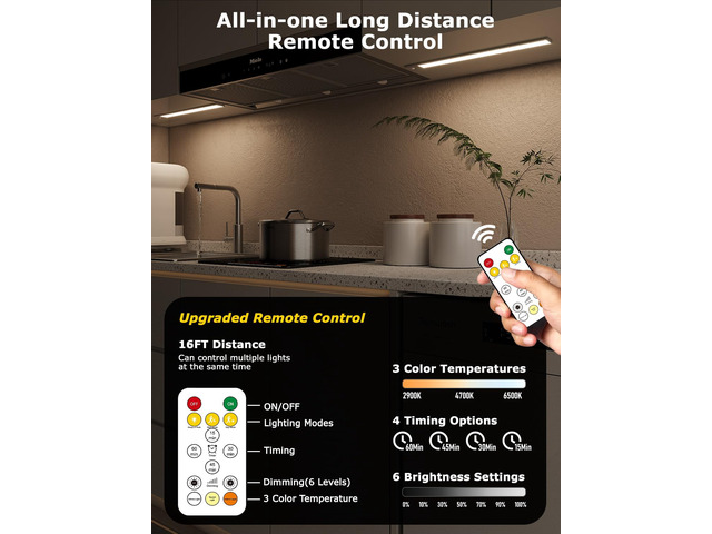 16' Under Cabinet Lighting Wireless, Remote, Motion Sensor, 2Pack, Silver 0.33' Ultra-thin Aluminum Alloy Body, USB-C Rechargeable, 3-Color-Temp,...