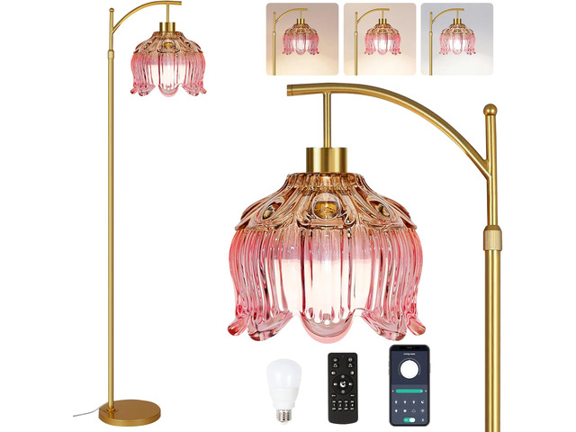 Pink Floor Lamp for Living Room,Bedroom,Gold Dimmable Standing Lamp with Remote,Mid Century Modern Brass Tall Lamp Boho Floor Lamps Arc Stained...