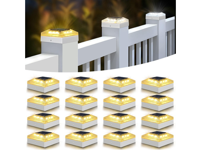 4x4 Solar Post Cap Lights Outdoor 16 Pack, 3 Color Modes/Dusk to Dawn/IP65 Waterproof, Fits 4x4 Vinyl/PVC Wood Posts Top, White LED Fence Topper...