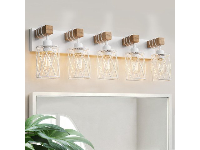 Farmhouse Bathroom Vanity Light, 5-Light Wood Bathroom Light Fixtures Over Mirror, Matte White Industrial Vanity Lights with Metal Shade, Rustic...