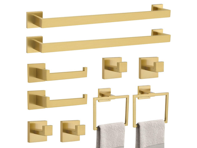 10-Piece Bathroom Hardware Accessories Set-Brushed Gold Towel Bar, Holder & Racks-SUS304 Stainless Steel-Wall Mounted,23.6-Inch