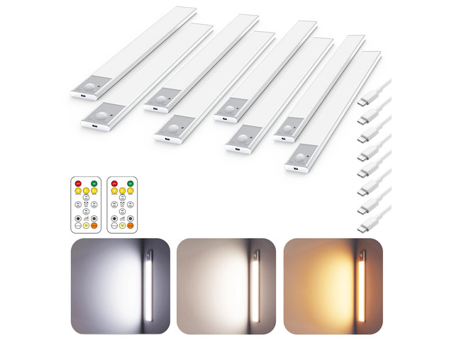 12' Under Cabinet Lighting Wireless, Remote, Motion Sensor, 8Pack, Silver 0.33' Ultra-thin Aluminum Alloy Body, USB-C Rechargeable, 3-Color-Temp,...