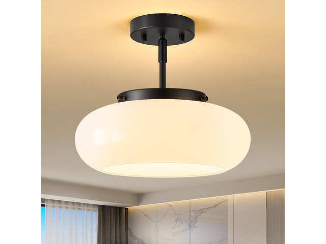 Mid-Century Modern Black Semi Flush Ceiling Light 12.6 Inch 3-Light White Glass Shade Close to Ceiling Lighting Fixture For Kitchen Entryway...
