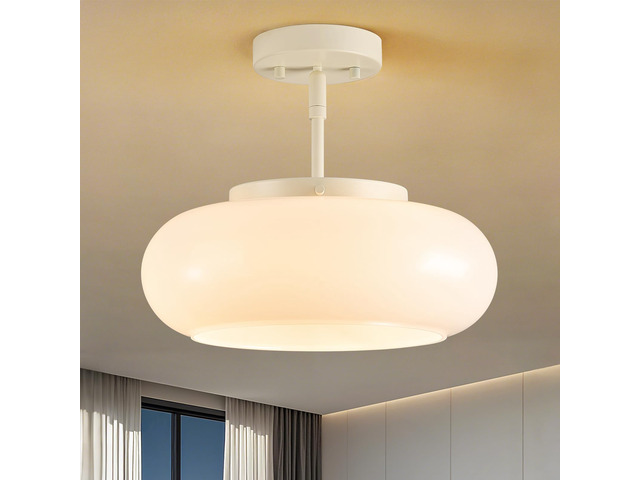 Mid-Century Modern Cream Whit Semi Flush Ceiling Light 12.6 Inch 3-Light Glass Shade Close to Ceiling Lighting Fixture For Kitchen Entryway Hallway...