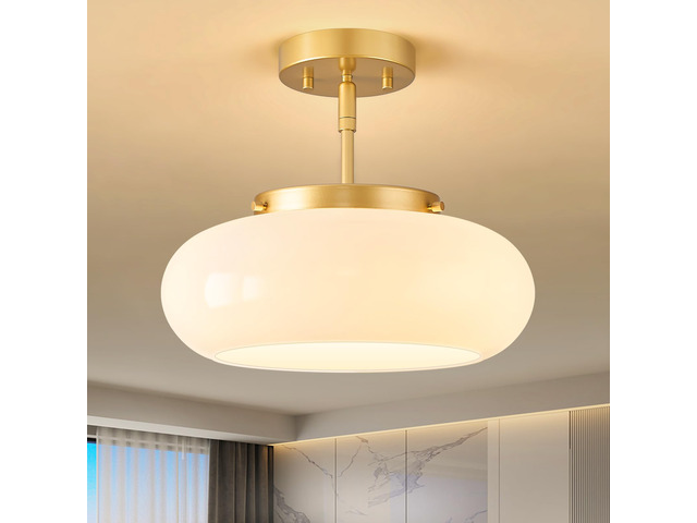 Mid-Century Modern Gold Semi Flush Ceiling Light 12.6 Inch 3-Light White Glass Shade Close to Ceiling Lighting Fixture For Kitchen Entryway Hallway...