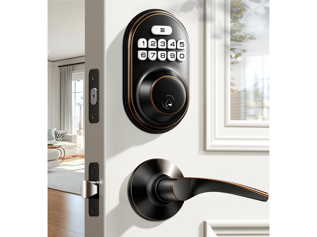 RZ-C Keyless Entry Door Lock with 2 Lever Handles, Oil Rubbed Bronze Zinc Alloy Handle Set, Auto Lock, One Time Code, 20 Codes, Back-Lit Keypad,...
