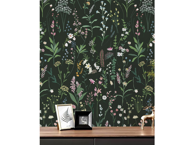 Dark Green Botanical Floral Peel and Stick Wallpaper 17.3' x 1181' Waterproof Removable Self Adhesive Wallpaper, Dark Farm Wildflower Stick on...