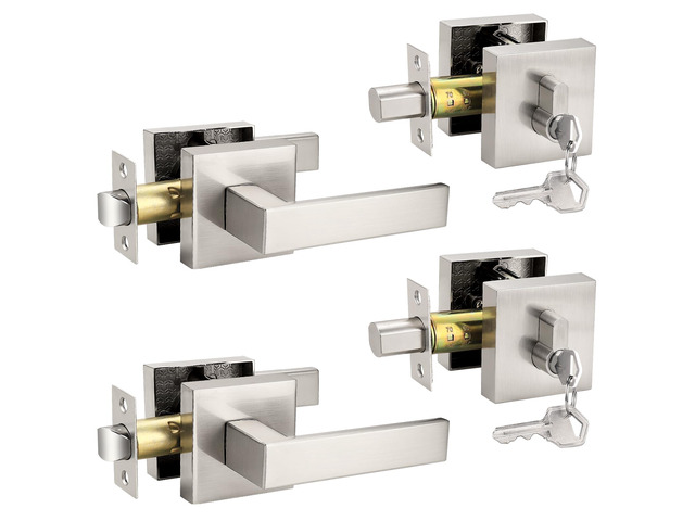Brushed Nickel Passage Door Lever with Single Cylinder Deadbolts Combo Pack, Modern Square Lock Set Handleset,Exterior Handle and Set,Same Keys, 2...