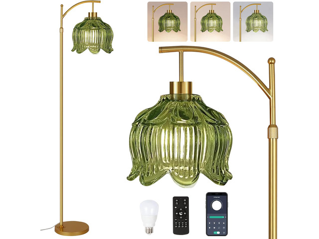 Glass Floor Lamp for Living Room,Bedroom,Gold Mid Century Modern Standing Lamp with Remote,Dimmable Brass Tall Lamp Vintage Tulip Green Arc Flower...