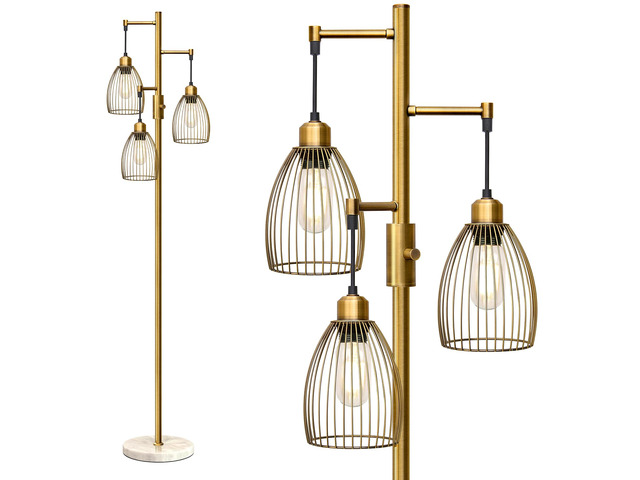 Dimmable Floor Lamps for Living Room, Industrial Standing Lamp with Marble Base, Antique Brass Tree Tall Pole Light with 3 Elegant Teardrop Cage...