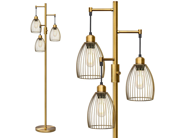Dimmable Floor Lamp, Industrial Floor Lamps for Living Room, Antique Brass Tree Lamp Standing Lamp Tall Lamps with 3 Elegant Teardrop Cage Head &...
