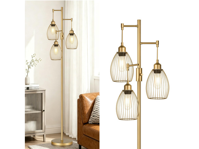 Dimmable Floor Lamp, Industrial Floor Lamps for Living Room, Gold Tree Lamp Standing Lamp Tall Lamps with 3 Elegant Teardrop Cage Head & 800 Lumens...