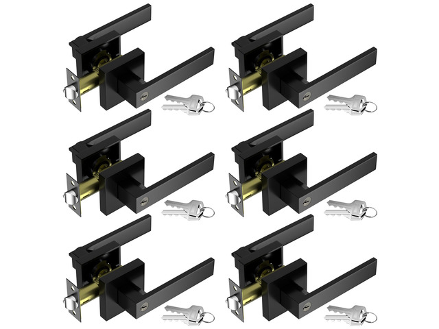 Exterior Door Handles, Black Door Handle, 6Pack Heavy Duty Zinc Door Lever Door Lock with Key (Different Keys) for Bedroom, Bathroom, Front Door,...
