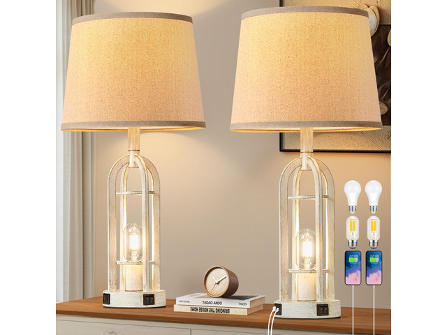 Farmhouse Table Lamps for Living Room Set of 2 - Rustic Industrial Bedside Lamps for Bedroom Nightstand with Nightlight and USB A+C, 4 Bulbs Included
