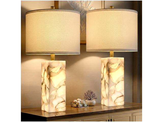 23' Alabaster Table Lamp Set of 2 with Night Light for Living Room Rotary Switch Bedside Lamp with Linen Shade for Bedroom, Modern Nightstand Lamps...