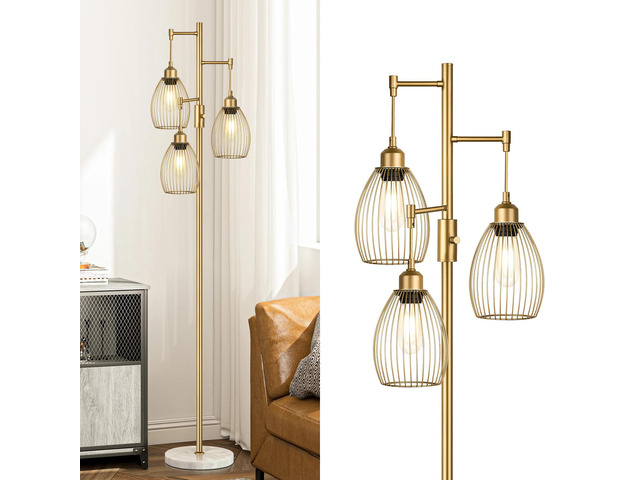 Dimmable Floor Lamps for Living Room, Industrial Standing Lamp with Marble Base, Gold Tree Tall Pole Light with 3 Elegant Teardrop Cage Head & 800...