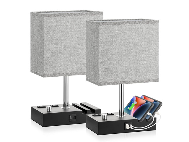Grey Bedside Table Lamps Set of 2 - Dimmable, USB C+A, 2 AC Outlets Dimming By Rotary Knob, USB C+A Ports, 2 Phone Stands, LED Bulbs Included,...