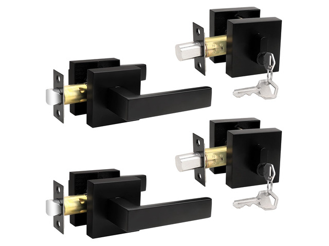 Flat Black Passage Door Lever with Single Cylinder Deadbolts Combo Pack, Modern Square Lock Set Handleset,Exterior Door Handle and Deadbolts...