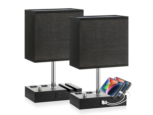 Black Bedside Table Lamps Set of 2 - Dimmable, USB C+A, 2 AC Outlets Dimming By Rotary Knob, USB C+A Ports, 2 Phone Stands, LED Bulbs Included,...