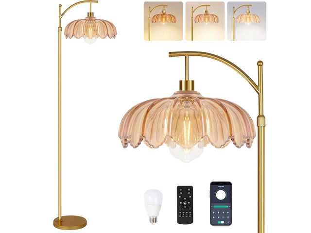 Floor Lamp for Living Room,Bedroom,Gold Dimmable Standing Lamp with Remote,Mid Century Modern Brass Tall Lamp Retro Vintage Green Glass Lamp Floor...