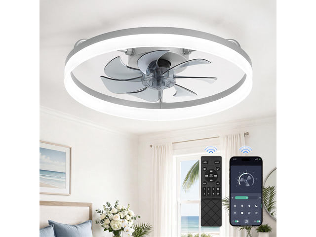 20' Low Profile Ceiling Fans with Lights, APP & Remote, Grey Flush Mount, Dimmable LED, Quiet DC Motor, Reversible, 6 Speeds, Fandelier, for Bedroom