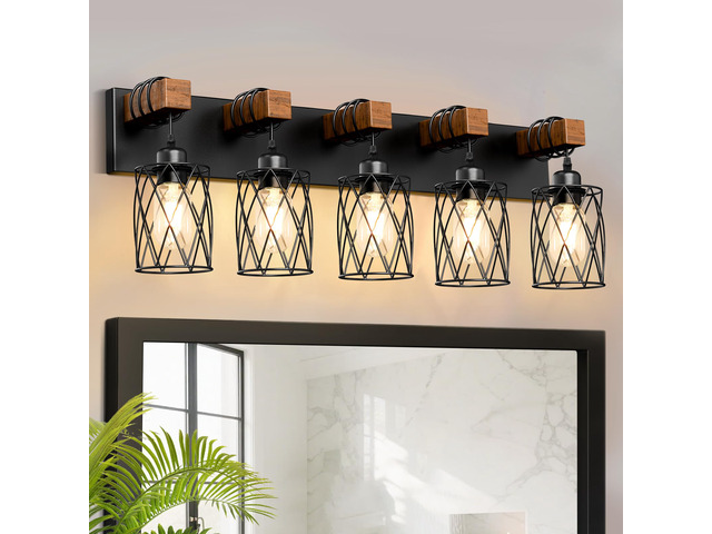 Farmhouse Bathroom Vanity Light, 5-Light Wood Bathroom Light Fixtures Over Mirror, Black Industrial Vanity Lights with Metal Shade, Rustic Restroom...
