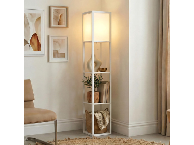 Maxwell - Modern Shelf Floor Lamp with Lamp Shade & Warm White LED Bulb, Corner Display Floor Lamp with Shelves for Living Room, Bedroom,...
