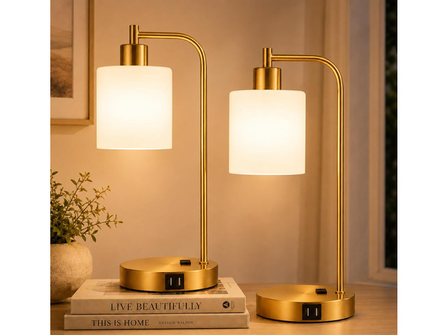 Set of 2 Industrial Touch Control Table Lamps with 2 USB Ports and AC Outlet - 3-Way Dimmable Gold Bedside Lamps Nightstand Desk Lamps for Bedroom...