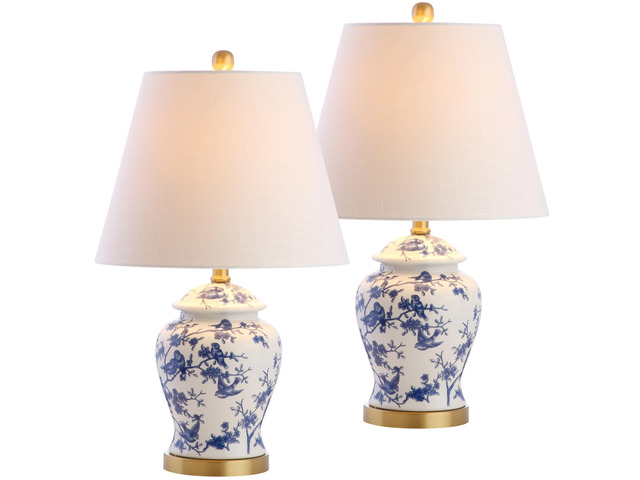 Penelope Ginger Jar 22' LED Table Lamp, Blue/White, Set of 2 Chinoiserie, Ceramic Metal Construction, French Country Traditional, Linen Empire...