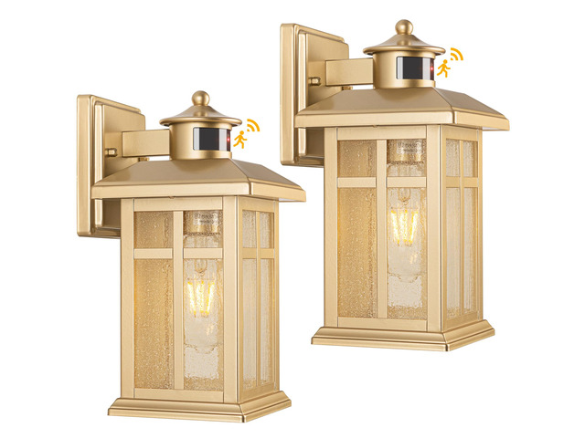 Exterior Motion Wall Sconce, 2 Pack Outdoor Light Fixture Wall Mount Gold Hardwired Exterior Light Sconces with E26 Sockets & Tempered Glass, Wall...
