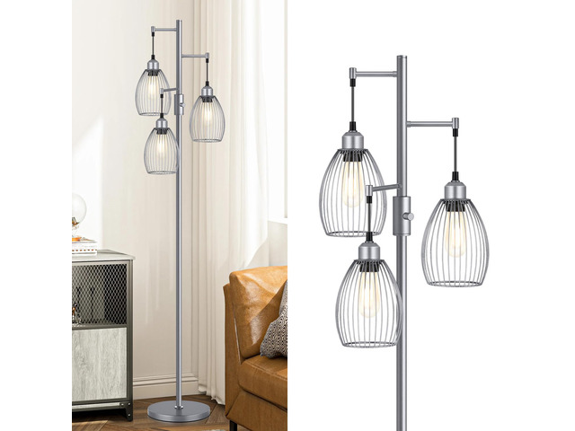 Dimmable Industrial Floor Lamps for Living Room, Gray Tree Standing Tall Lamps with 3 Elegant Teardrop Cage Head & 800 Lumens LED Bulbs for Bedroom...