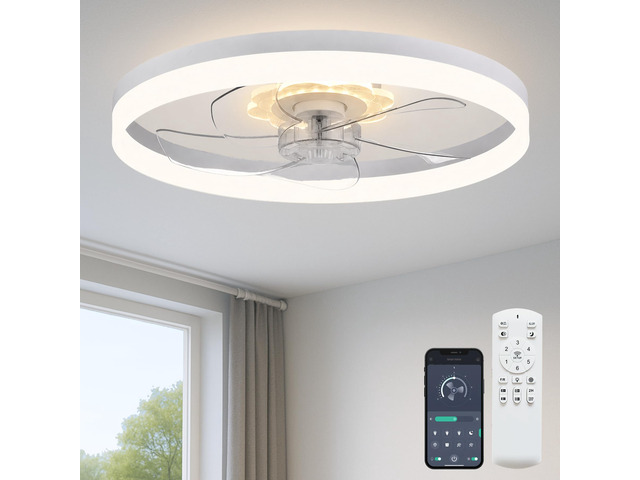 20'' Ceiling Fan with Light and Remote,White Low Profile Fandelier 3-Color Night Light, 3000-6500K Dimmable LED, Flush Mount, Remote & App, 6...