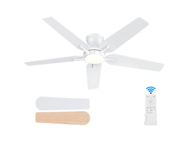 52 Inch White Ceiling Fans with Lights and Remote, Flush Mount Low Profile Ceiling Fan for Bedroom, Living Room, Patio, Dimmable 6 Speeds Noiseless...