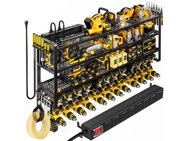 Power Tool Organizer Wall Mount with Charging Station, 4 Tier Tool Battery Storage Rack Built in 8 Outlet Power Strip for Garage, 49' W, Black