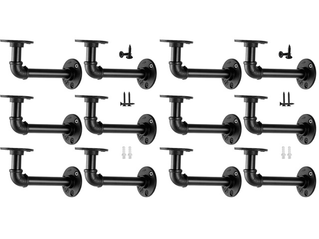 Industrial Pipe Shelf Brackets for 8 10 12 14 inches Board, Iron L Pipe Floating Shelves, Heavy Duty Metal Shelving Brackets - 12 Pack Black