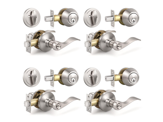 4 Sets of Front Exterior Door Knob Set with Single Cylinder Deadbolts in Satin Nickel Finish, All Keyed Same Combo Pack, Wave Style Entry Door...