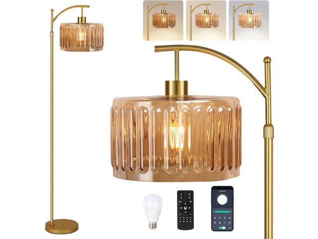 Floor Lamp for Living Room,Bedroom,Gold Dimmable Standing Lamp with Remote,Mid Century Modern Brass Tall Lamp Retro Vintage Glass Lamp Floor Light...