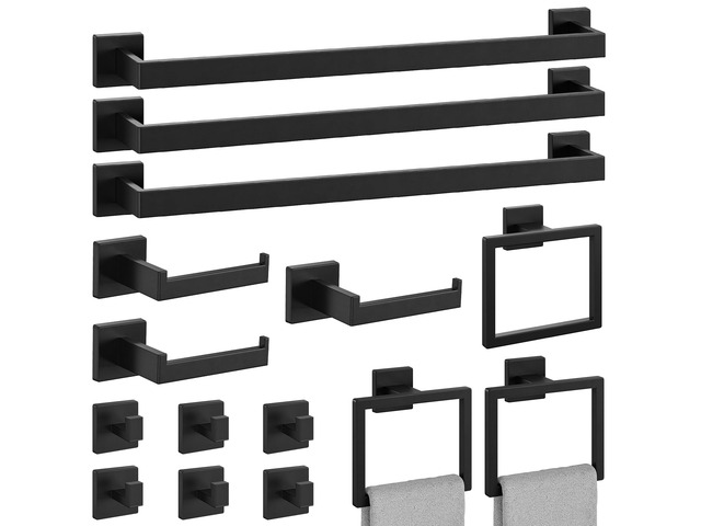 15-Pieces Matte Black Bathroom Accessories, 24 Inch Bathroom Hardware Set SUS304 Stainless Steel Bath Towel Bar Set, Towel Racks for Bathroom Wall...