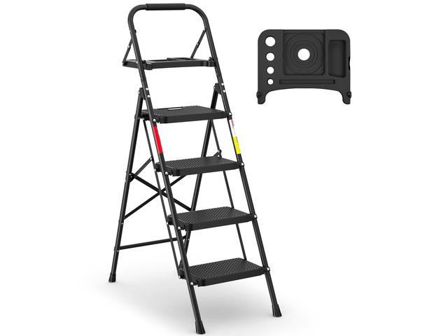 4-Step Ladder, Folding Step Stool, 600lbs Max Load, Black Tool Tray, Anti-Slip Pedals, Sturdy Steel, Lightweight Portable Design with Handrail for...